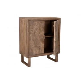 Wood door floral carved accent cabinet in brown hardwood with varnish finish