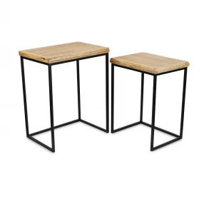 Set Of Two 25" Black And Brown Solid Wood And Steel Rectangular Nested Tables
