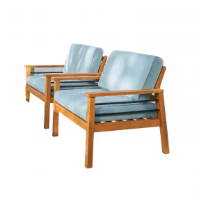 Natural wood outdoor armchair with aqua cushion
