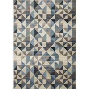 blue geometric dhurrie area rug with brown grey and azure triangle patterns