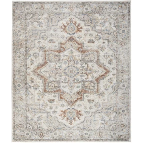 gray oriental power loom area rug with brown beige pattern and symmetrical design