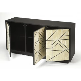 Greta bone inlay sideboard with bookcase wood shelving and triangle table details