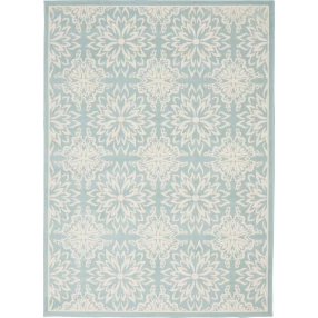 aqua floral power loom area rug with symmetrical pattern and electric blue motif