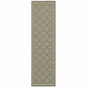 2' X 8' Gray and Ivory Geometric Stain Resistant Indoor Outdoor Area Rug