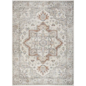 oriental power loom washable area rug in brown and beige with symmetrical pattern