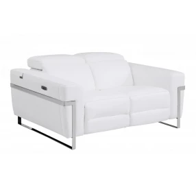 65" White And Silver Italian Leather Power Reclining Loveseat