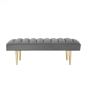 53" Light Gray And Gold Upholstered Velvet Bench