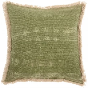 Deep green fringed throw pillow with woven fabric pattern