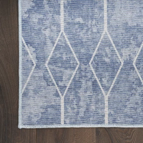 10' Blue and Off White Geometric Power Loom Washable Runner Rug