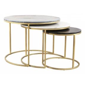 Set of Three 28" Light Gray And Gold Genuine Marble And Steel Round Nested Coffee Tables