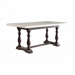 38" White And Gray Marble And Solid Wood Trestle Base Dining Table