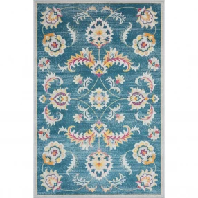 5' X 8' Blue And Ivory Floral Stain Resistant Indoor Outdoor Area Rug