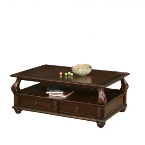 50" Dark Brown Solid Wood Coffee Table With Two Drawers And Shelf