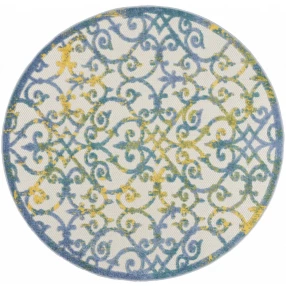 4' Round Ivory And Blue Round Floral Indoor Outdoor Area Rug