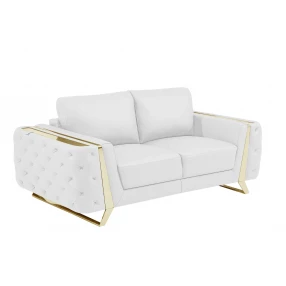 72" White And Gold Genuine Leather Loveseat