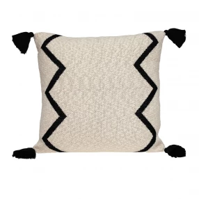 Patterned square accent throw pillow with tassels and line art design home accessory