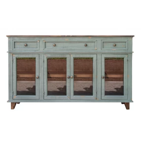 Green solid manufactured wood distressed credenza with shelves drawers and cabinetry