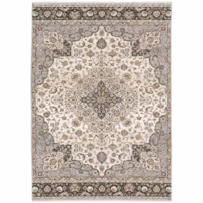 5' X 8' Ivory And Blue Oriental Power Loom Stain Resistant Area Rug With Fringe