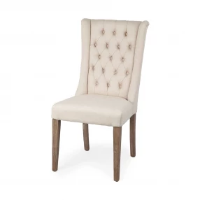 Tufted Cream And Brown Upholstered Linen Wing Back Dining Side Chair