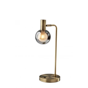 18" Antiqued Brass Metal Cylinder Desk Table Lamp With Gray Globe Shade With Starling LED Bulb