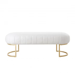 53" White and Gold Upholstered Faux Leather Bench