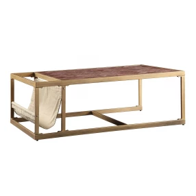 51" Brass And Retro Brown Leather Rectangular Coffee Table