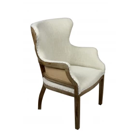 25" Ivory and Brown Fabric and Solid Wood Dining Arm Chair
