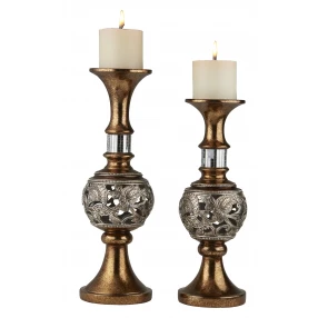 Set Of Two Silver and Brown Pillar Tabletop Pillar Candle Holders
